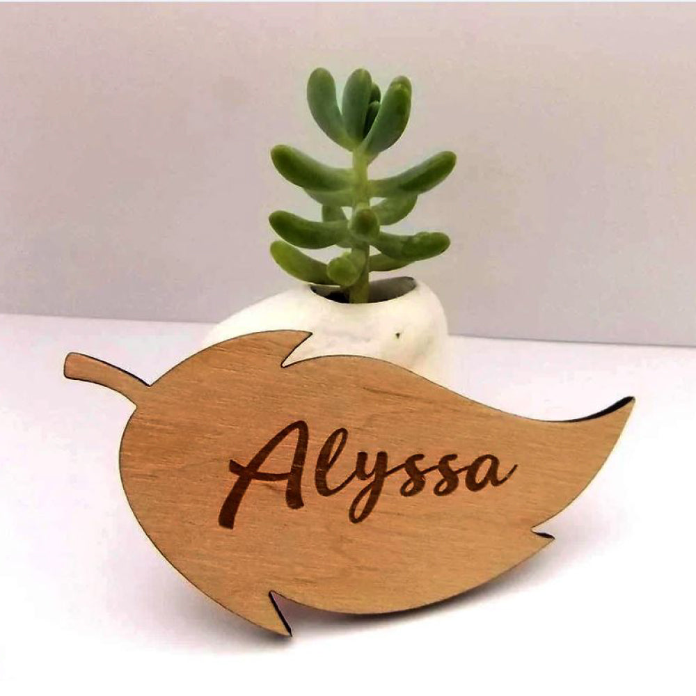 Leaf shaped wooden name place holders Personalise it Johna 