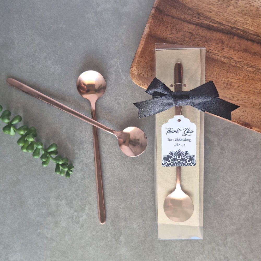 Elegant Long Spoon in Rose gold Shein Gift box, ribbon and tag 