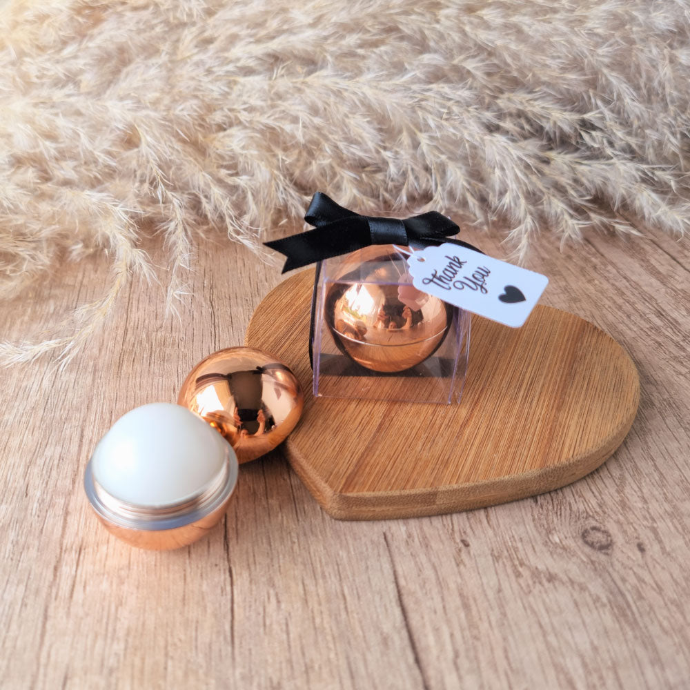 rose gold-sphere-lip balm favour-in-clear-giftbox