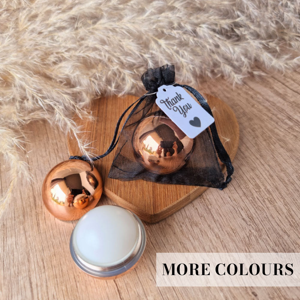 sphere-lip-balm-favour-in-organza-gift-bag available in more colours