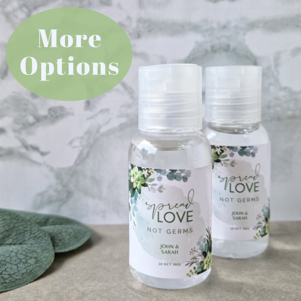 Spread Love not germs 50ml Hand Sanitiser with personalised leaf design sticker