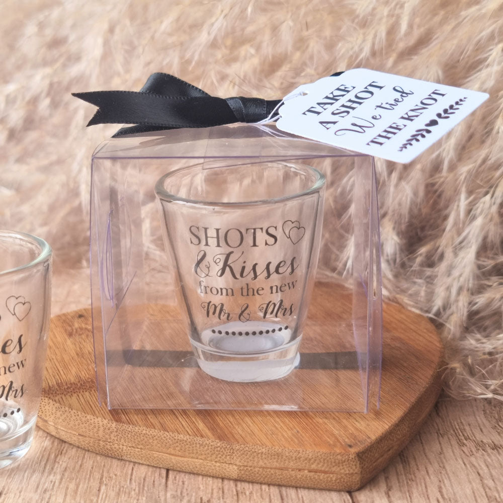 Shots and Kisses from the Mr & Mrs shot glass in a clear gift box