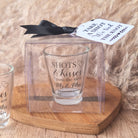 Shots and Kisses from the Mr & Mrs shot glass in a clear gift box