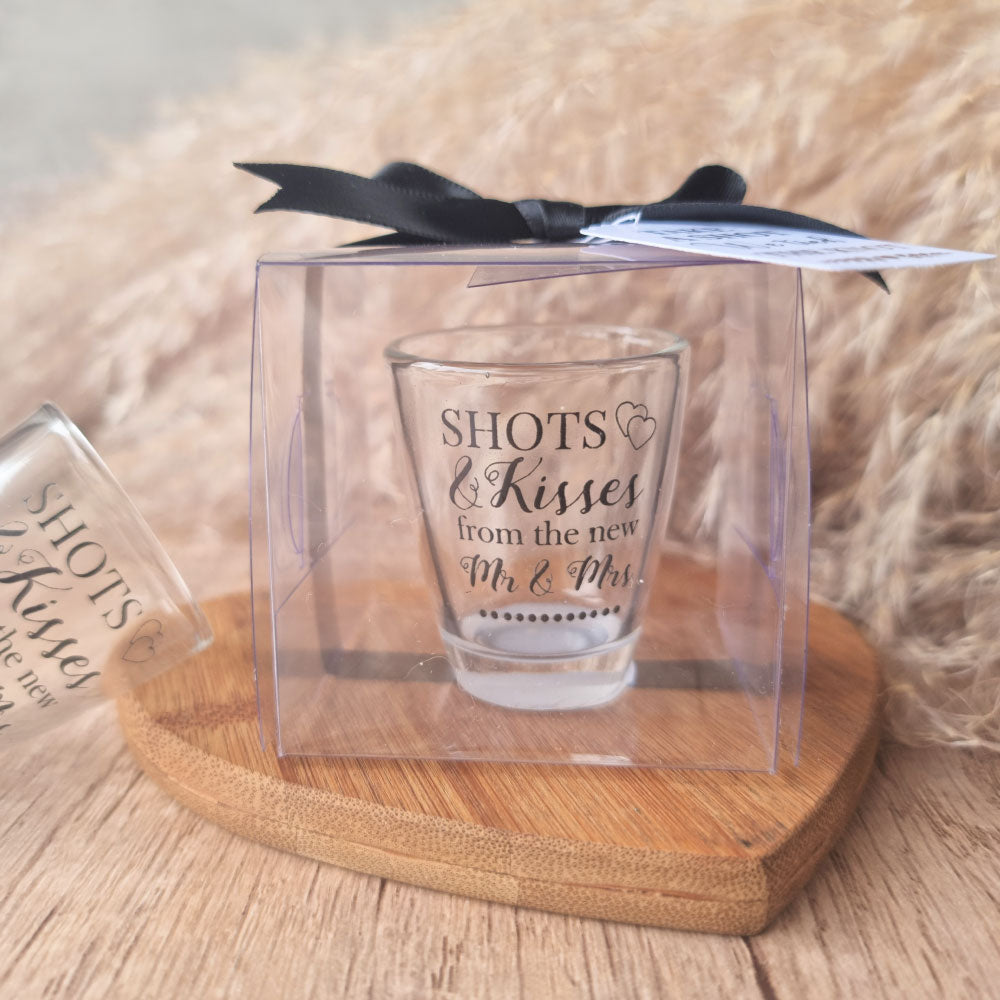 Shots and Kisses from the Mr & Mrs shot glass in a clear gift box