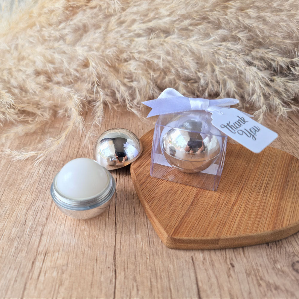 silver-sphere-lip balm favour-in-clear-giftbox