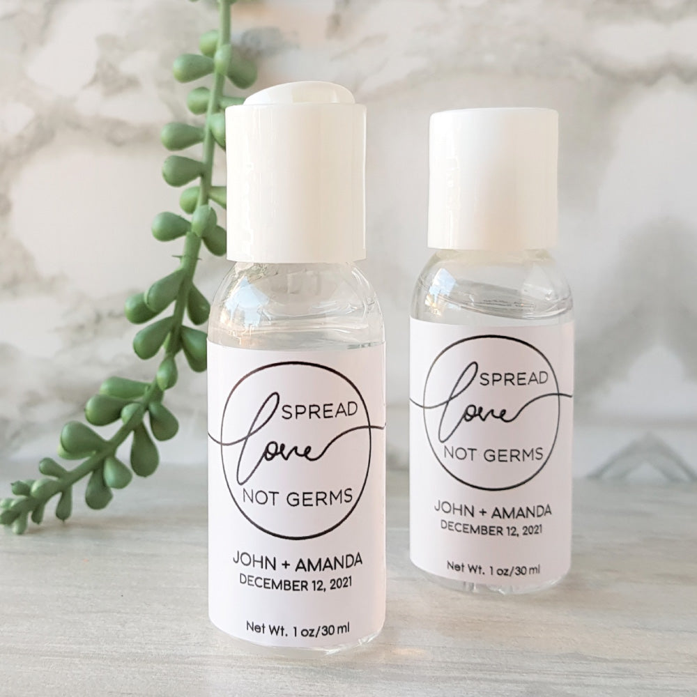 Spread Love not germs mini hand sanitiser personalised wedding and baby shower favour