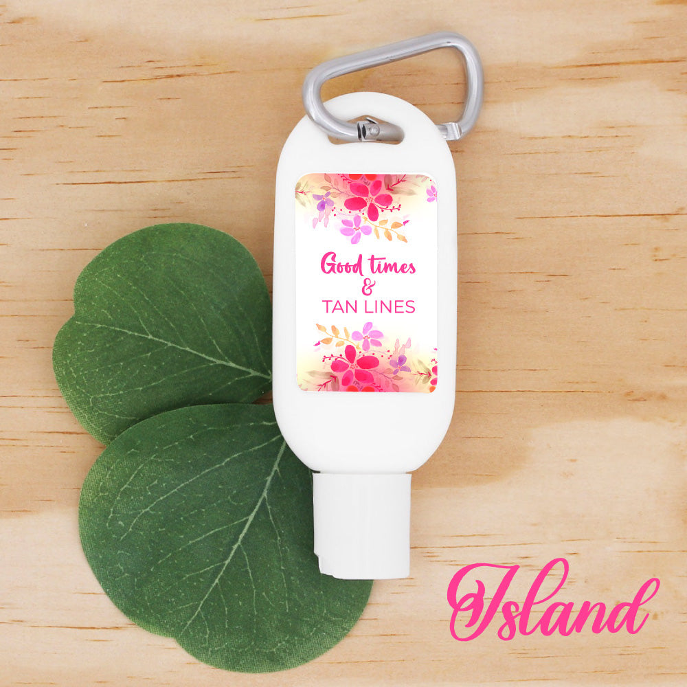 Floral personalised sticker on mini sunscreen keyring