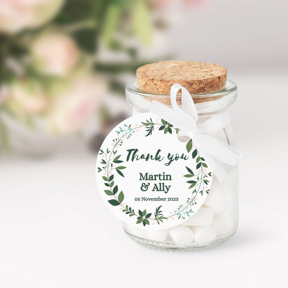 mint green wreath round thank you tag