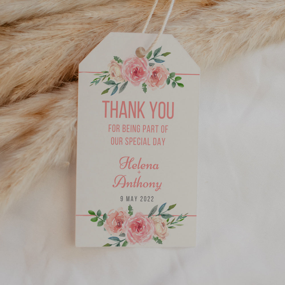 Thank You Tag with message - Pink Roses Personalise it Simply Favours Trimmed 