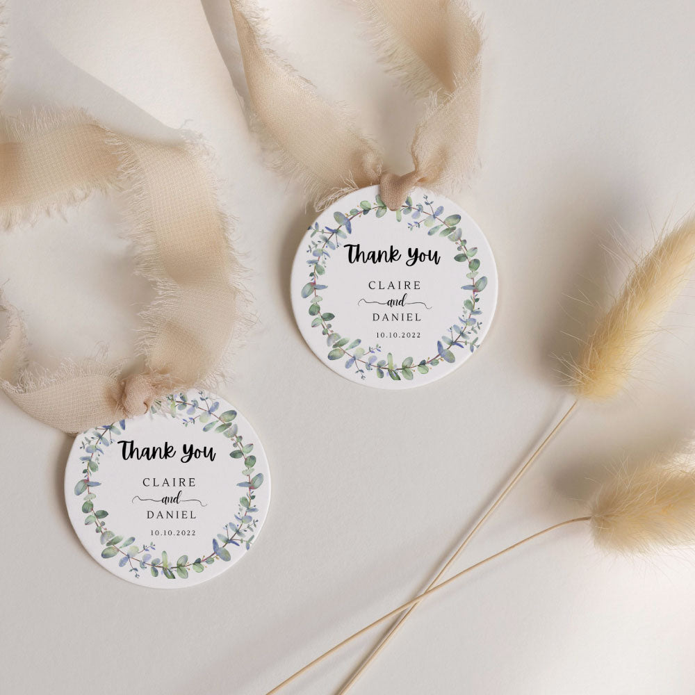 watercolour eucalyptus wreath round thank you tags