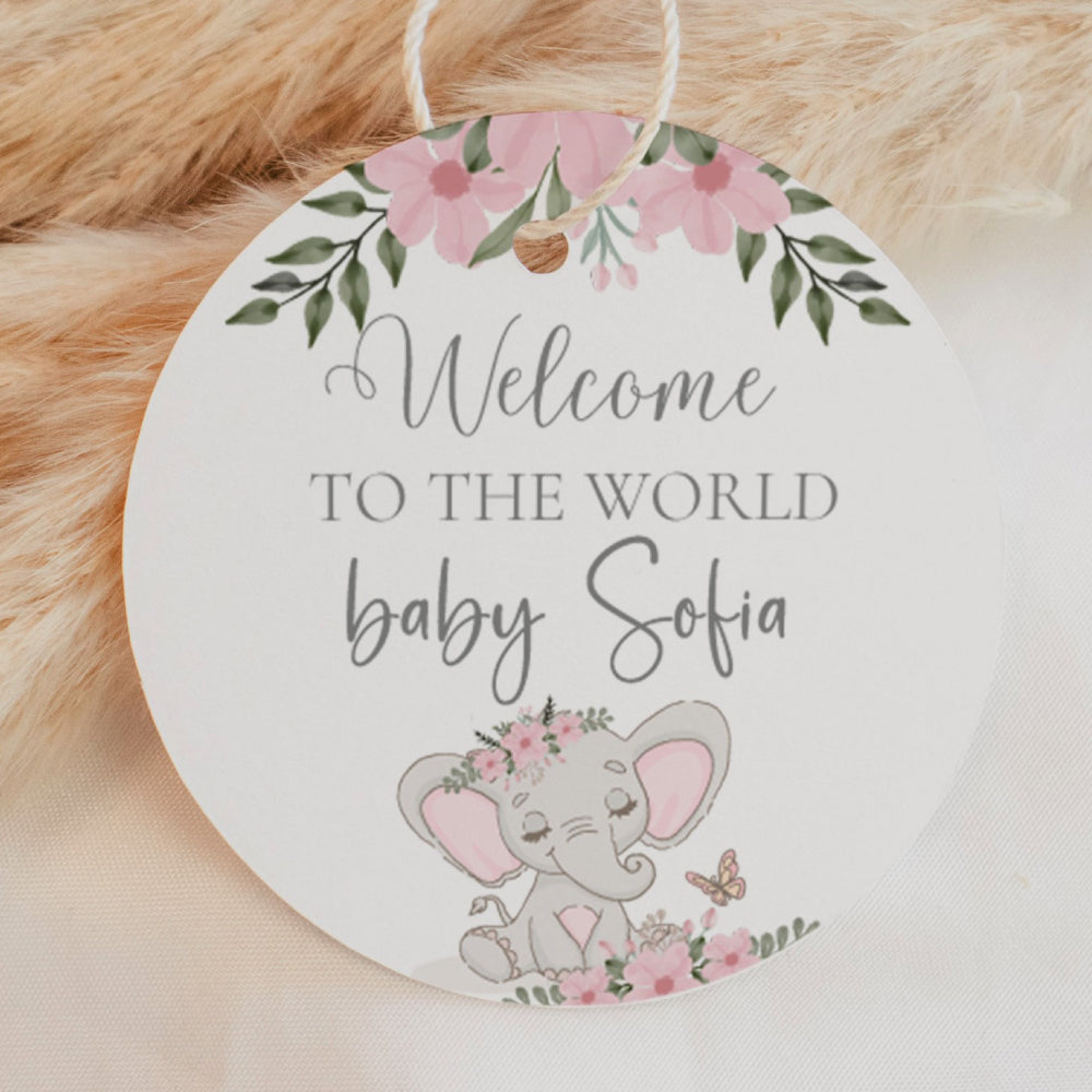 Round Thank You Tag - Welcome Pink floral Baby Elephant Personalise it Simply Design Studio 