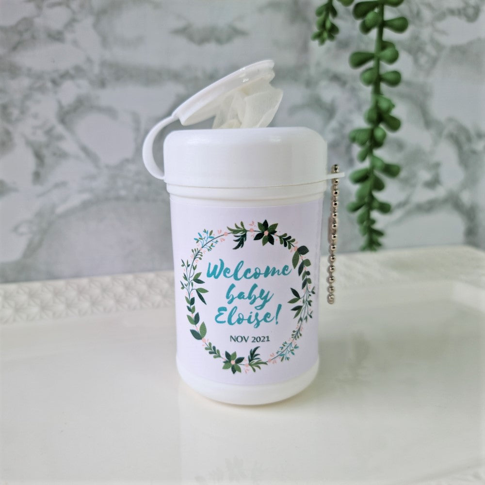 Personalised mini wet wipe holder on keyring with floral wreath design
